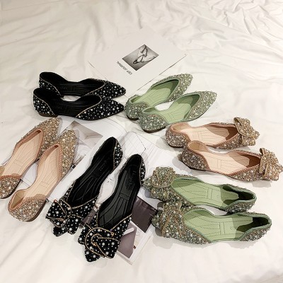 summer pointed toe mary jane shoes women sparking pearl rhinestone bowknot ladies flat shoes zapatos-de-mujer