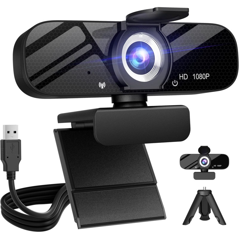 Full HD Webcam with Built-in Microphone and Rotatable Tripod, 1080P Video and Wide Angle Camera, Privacy Cover, for Desktop PC or Laptop Computer Full HD Webcam with Built-in Microphone and Rotatable Tripod, 1080P Video and Wide Angle Camera, Privacy Cover, for Desktop PC or Laptop Computer