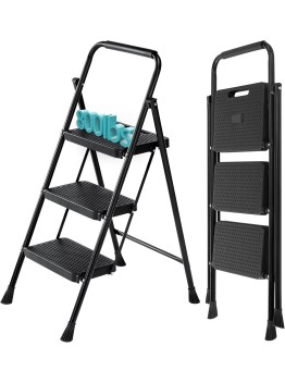 SMUG Step Ladder, 3 Step Stool Foldable with Anti-Slip Pedal & Comfortable Handrail, 800lbs Capacity Sturdy Steel Ladder, Protable Heavy Duty Step Stool for Kitchen, Garage & Outdoor Use, Black