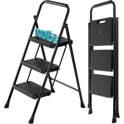 SMUG Step Ladder, 3 Step Stool Foldable with Anti-Slip Pedal & Comfortable Handrail, 800lbs Capacity Sturdy Steel Ladder, Protable Heavy Duty Step Stool for Kitchen, Garage & Outdoor Use, Black