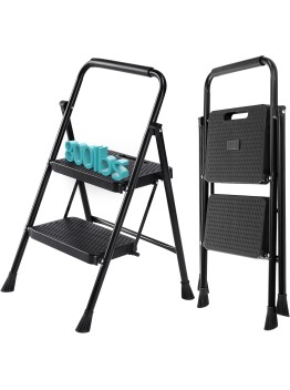 SMUG Step Ladder, 2 Step Stool Foldable with Anti-Slip Pedal & Comfortable Handrail, 800lbs Capacity Sturdy Steel Ladder, Protable Heavy Duty Step Stool for Kitchen, Garage & Outdoor Use, Black