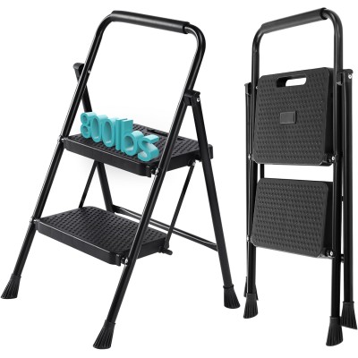 SMUG Step Ladder, 2 Step Stool Foldable with Anti-Slip Pedal & Comfortable Handrail, 800lbs Capacity Sturdy Steel Ladder, Protable Heavy Duty Step Stool for Kitchen, Garage & Outdoor Use, Black