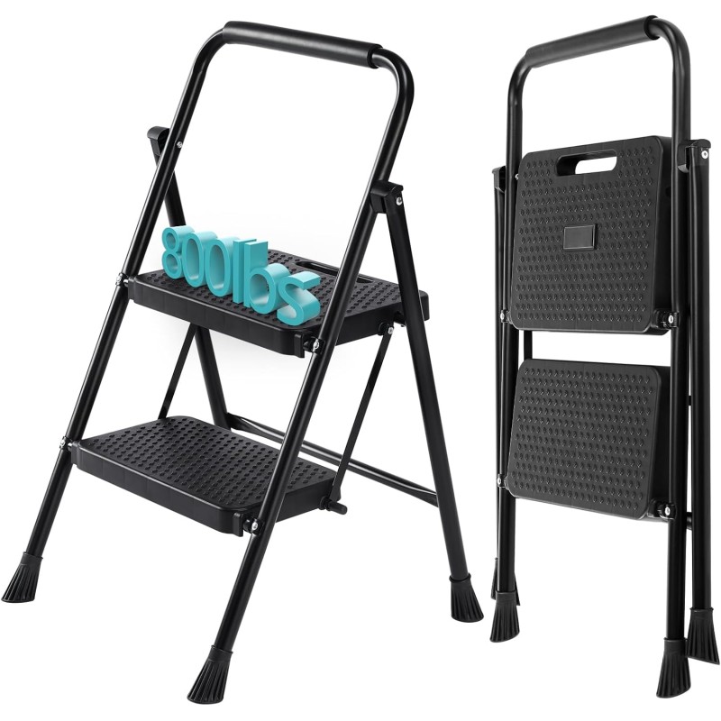 SMUG Step Ladder, 2 Step Stool Foldable with Anti-Slip Pedal & Comfortable Handrail, 800lbs Capacity Sturdy Steel Ladder, Protable Heavy Duty Step Stool for Kitchen, Garage & Outdoor Use, Black SMUG Step Ladder, 2 Step Stool Foldable with Anti-Slip Pedal & Comfortable Handrail, 800lbs Capacity Sturdy Steel Ladder, Protable Heavy Duty Step Stool for Kitchen, Garage & Outdoor Use, Black