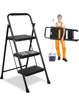 3 Step Ladder, Protable Steel Folding Stool with Wide Anti-Slip Pedal, 500lbs Sturdy Steel Ladder, Black