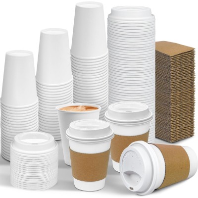 Ginkgo 100 Pack 12 oz Leak-Proof Coffee Cups with Lids and Sleeves Disposable To Go Hot Travel Paper Cups, Hot Chocolate, Cocoa, Coffee Bar Accessories
