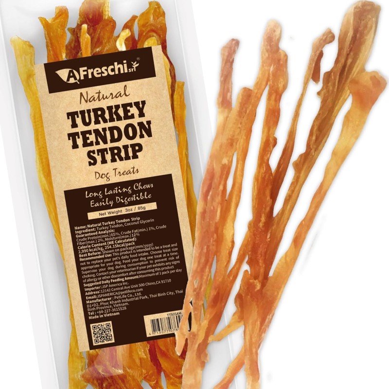 AFreschi Turkey Tendons for Dogs, USA-Sourced, Healthy Dog Treats, Rawhide-Free Puppy Chews, Long Lasting, All Natural, Hypoallergenic Dog Treats for Small Breeds, 3 oz Pack Strips AFreschi Turkey Tendons for Dogs, USA-Sourced, Healthy Dog Treats, Rawhide-Free Puppy Chews, Long Lasting, All Natural, Hypoallergenic Dog Treats for Small Breeds, 3 oz Pack Strips