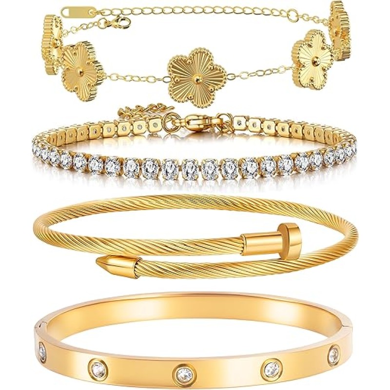 18K Gold Plated Womens Stackable Floral Gold Clover Bracelets Set Love Bangle Bracelets Non Tarnish, Nail Bracelet Set Trendy Jewelry,Gifts for Women's Day and Mother's Day 18K Gold Plated Womens Stackable Floral Gold Clover Bracelets Set Love Bangle Bracelets Non Tarnish, Nail Bracelet Set Trendy Jewelry,Gifts for Women's Day and Mother's Day