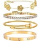 18K Gold Plated Womens Stackable Floral Gold Clover Bracelets Set Love Bangle Bracelets Non Tarnish, Nail Bracelet Set Trendy Jewelry,Gifts for Women's Day and Mother's Day